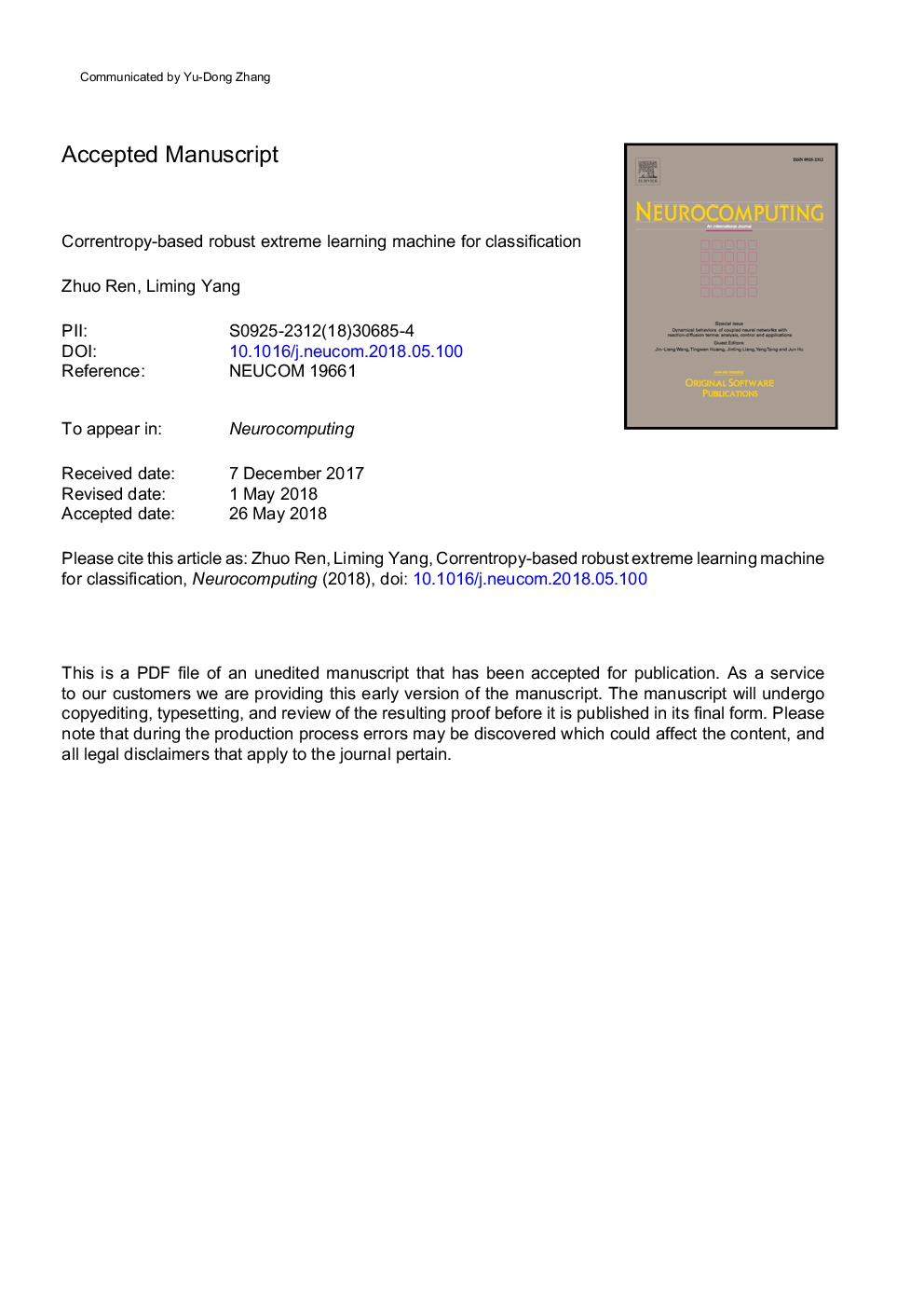 Correntropy-based robust extreme learning machine for classification