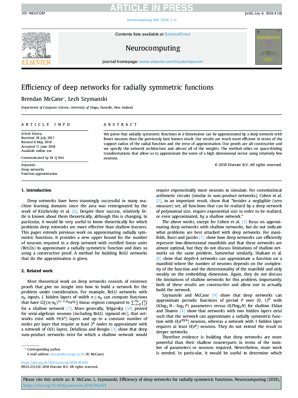 Efficiency of deep networks for radially symmetric functions