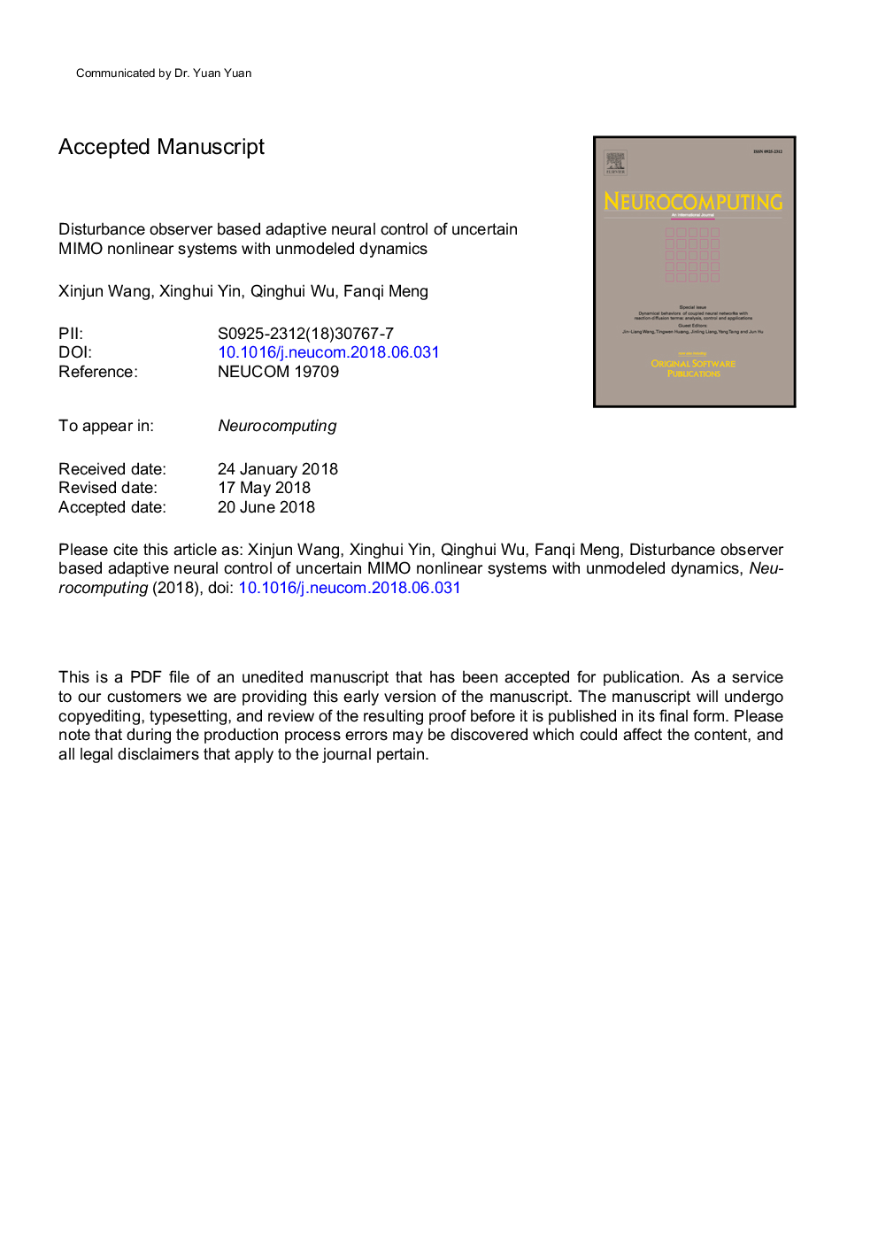 Disturbance observer based adaptive neural control of uncertain MIMO nonlinear systems with unmodeled dynamics