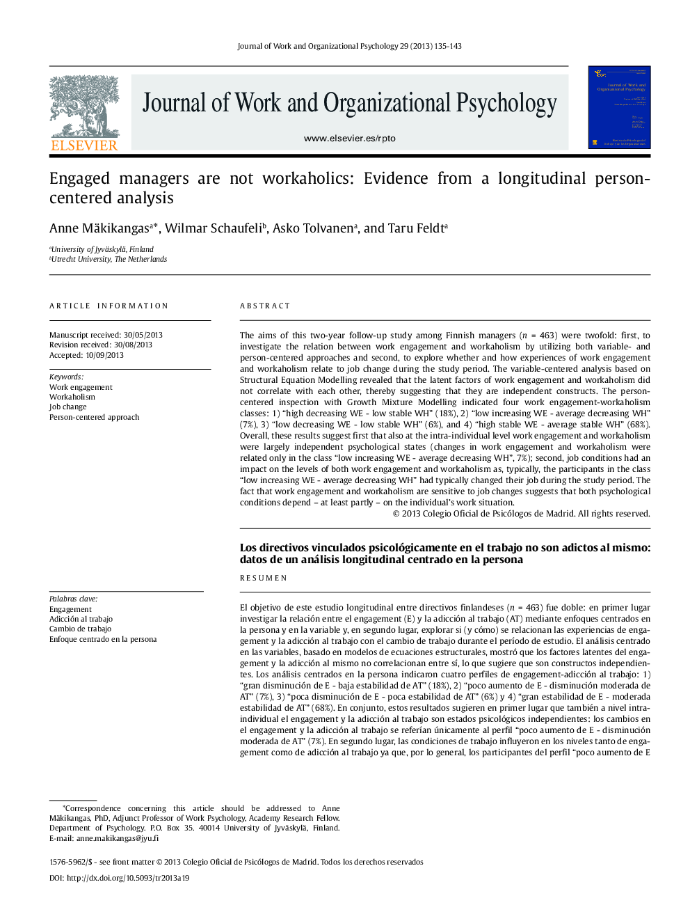 Engaged managers are not workaholics: Evidence from a longitudinal personcentered analysis