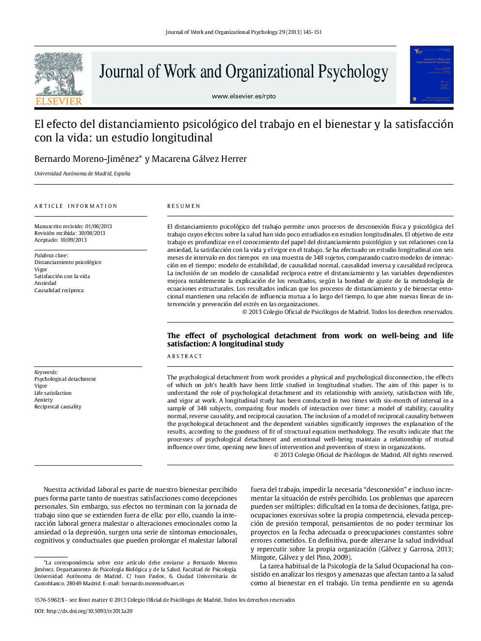 El efecto del distanciamiento psicológico del trabajo en el bienestar y la satisfacción con la vida: un estudio longitudinal