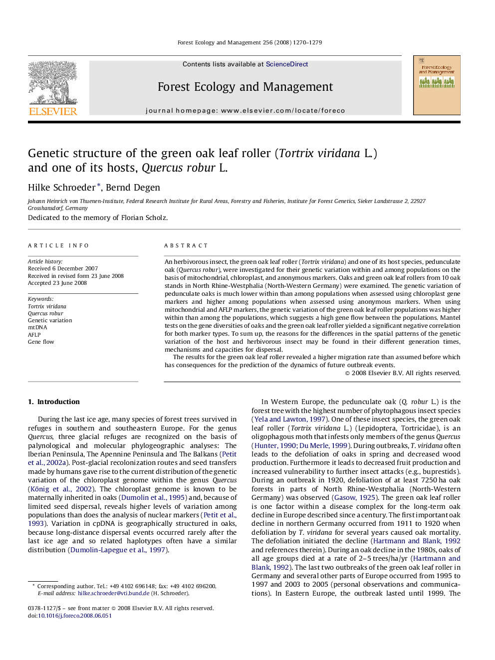 Genetic structure of the green oak leaf roller (Tortrix viridana L.) and one of its hosts, Quercus robur L.