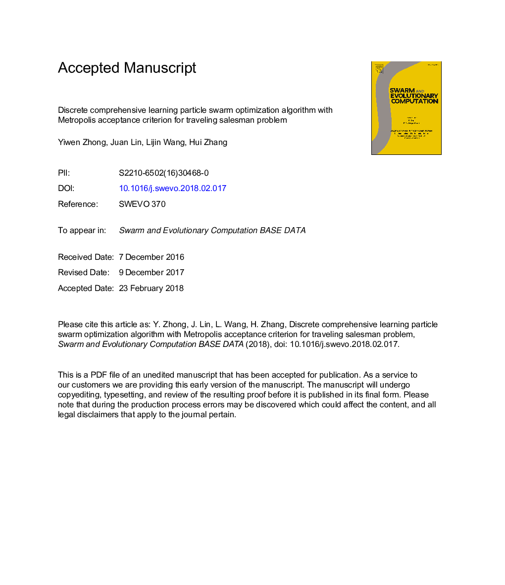 Discrete comprehensive learning particle swarm optimization algorithm with Metropolis acceptance criterion for traveling salesman problem