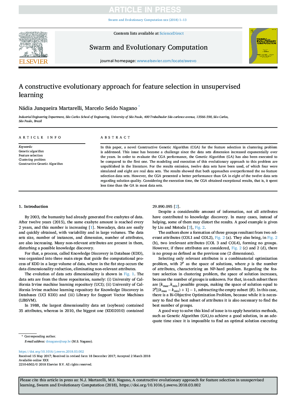 A constructive evolutionary approach for feature selection in unsupervised learning