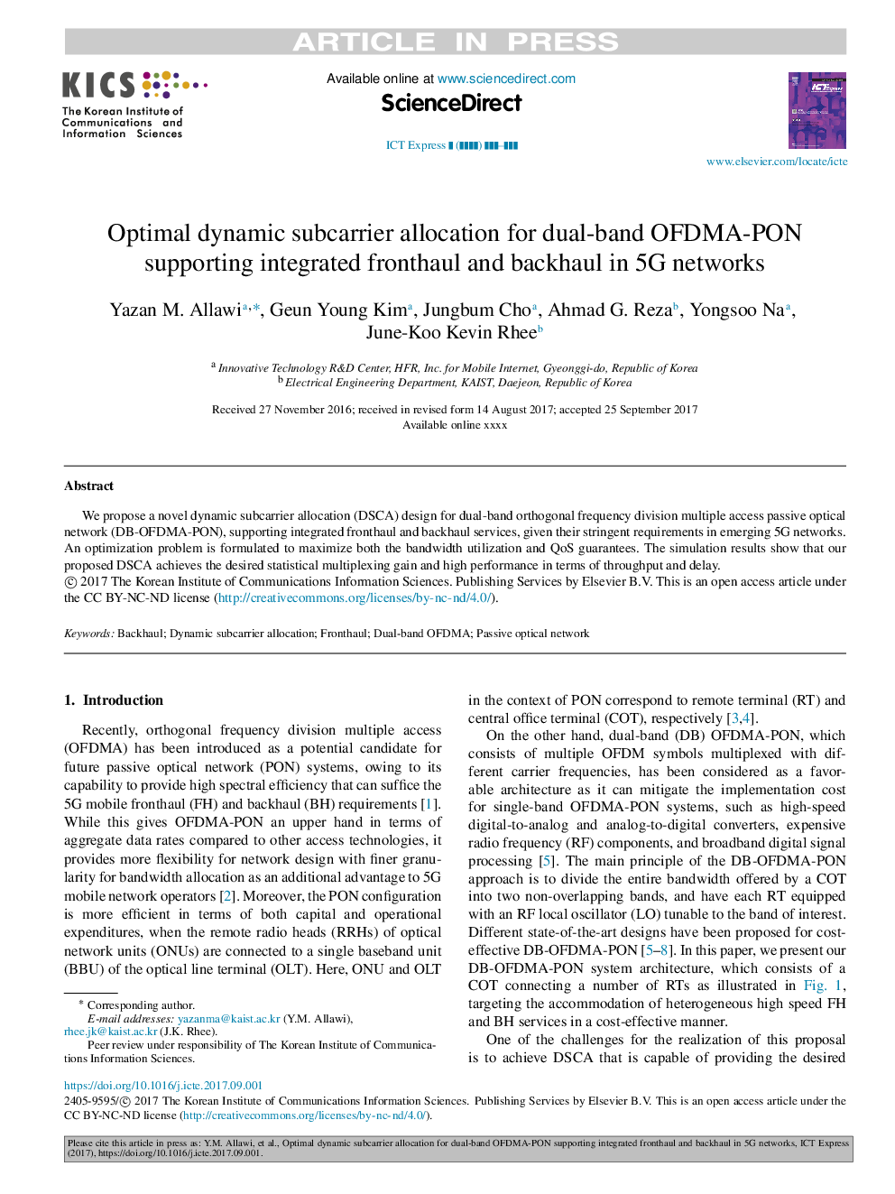 Optimal dynamic subcarrier allocation for dual-band OFDMA-PON supporting integrated fronthaul and backhaul in 5G networks