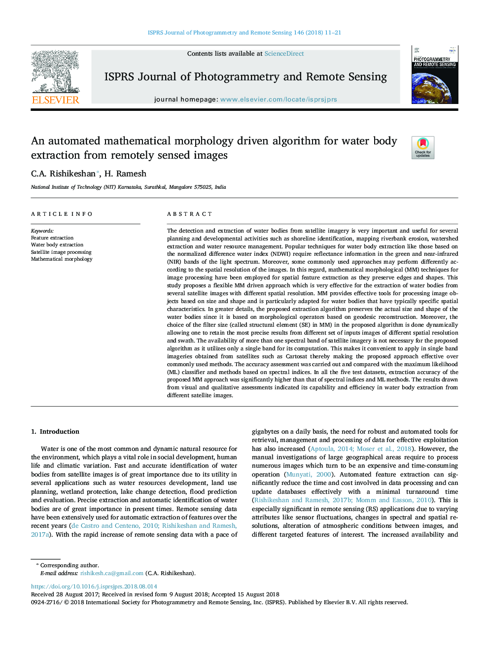 An automated mathematical morphology driven algorithm for water body extraction from remotely sensed images