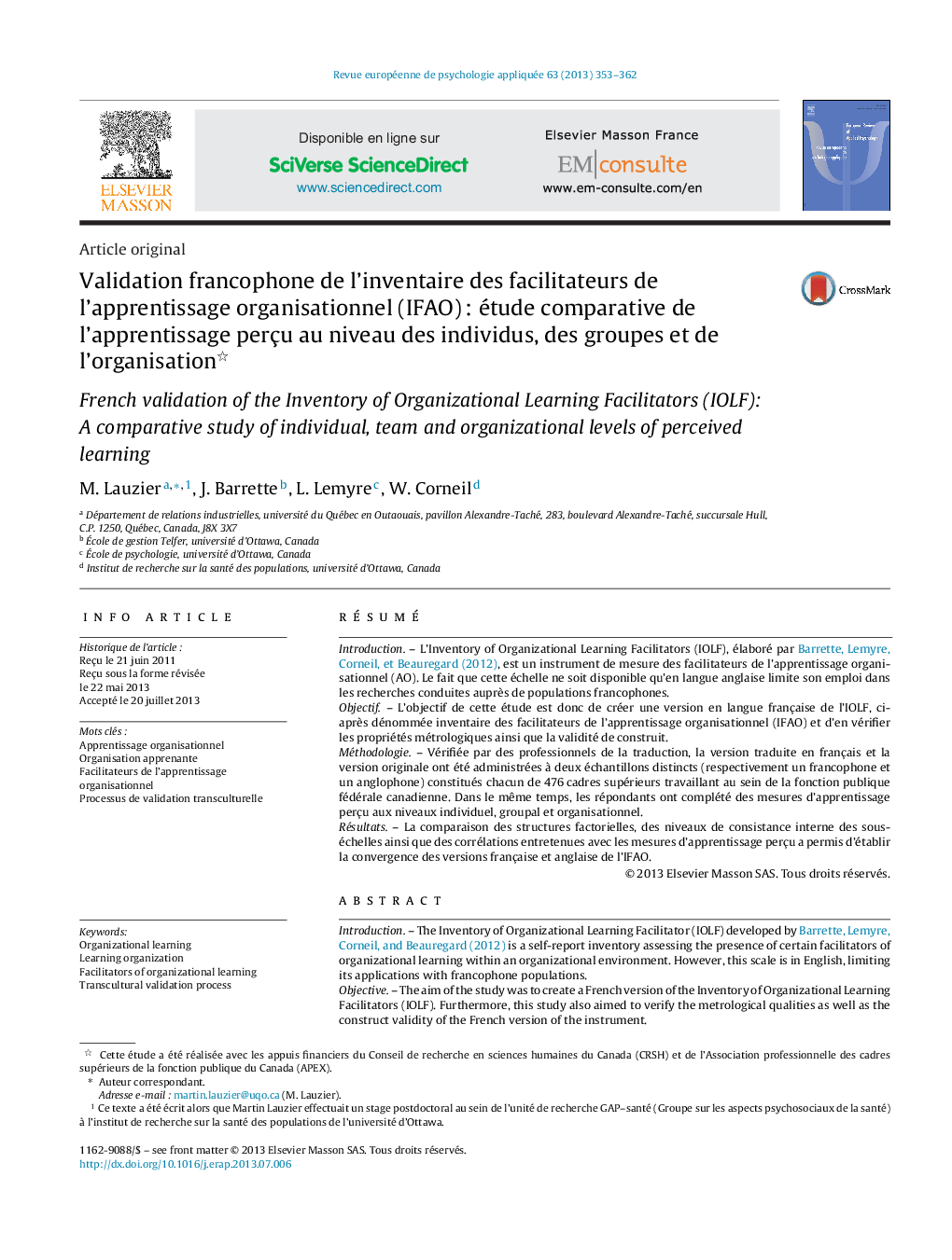 Validation francophone de l’inventaire des facilitateurs de l’apprentissage organisationnel (IFAO) : étude comparative de l’apprentissage perçu au niveau des individus, des groupes et de l’organisation 