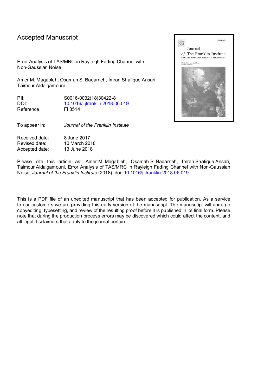 Error analysis of TAS/MRC in Rayleigh fading channel with non-Gaussian noise