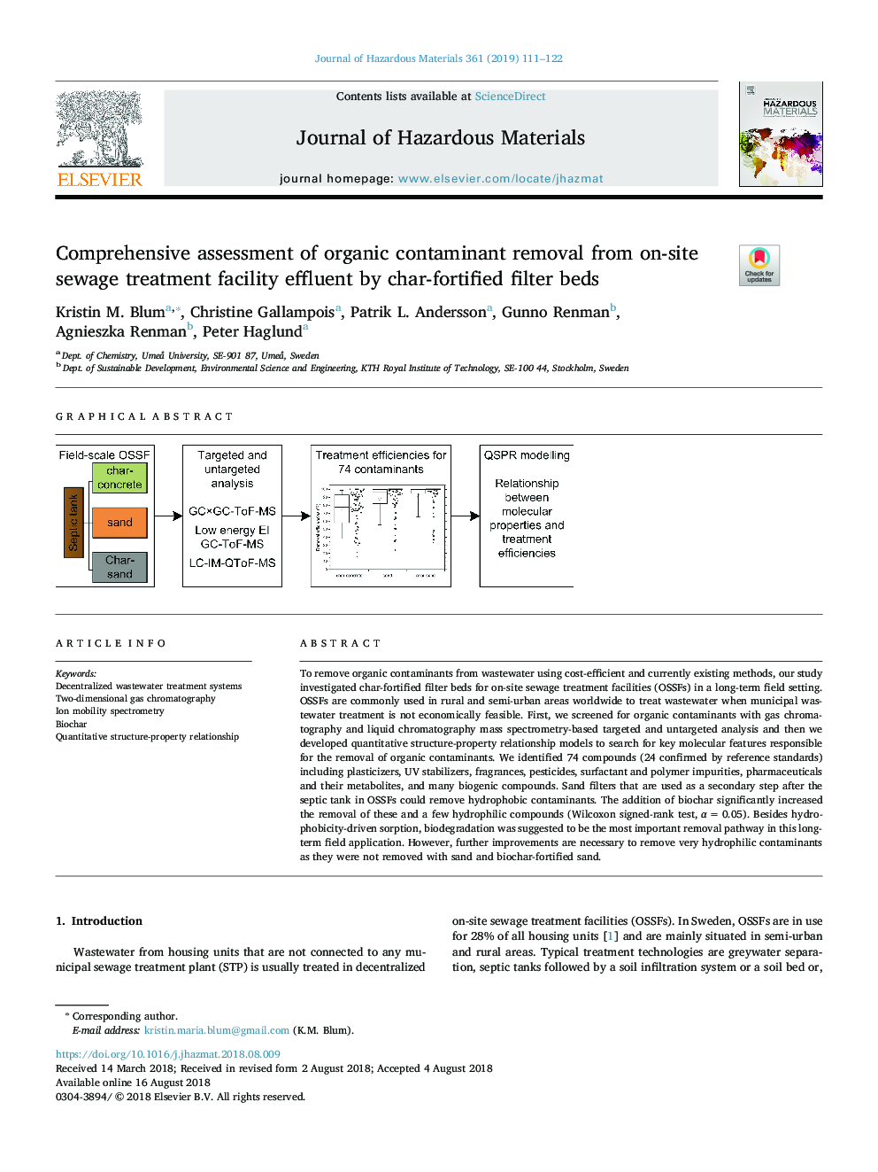 Comprehensive assessment of organic contaminant removal from on-site sewage treatment facility effluent by char-fortified filter beds