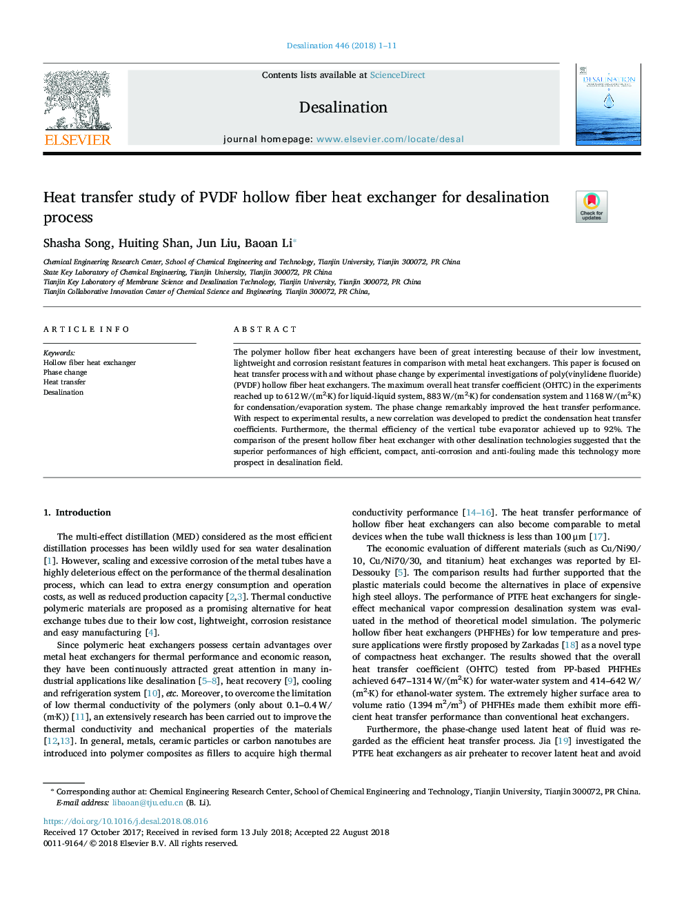 Heat transfer study of PVDF hollow fiber heat exchanger for desalination process