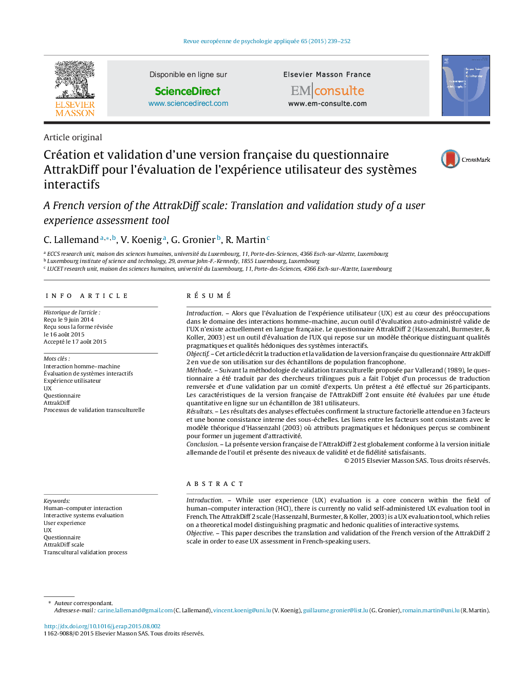 Création et validation d’une version française du questionnaire AttrakDiff pour l’évaluation de l’expérience utilisateur des systèmes interactifs