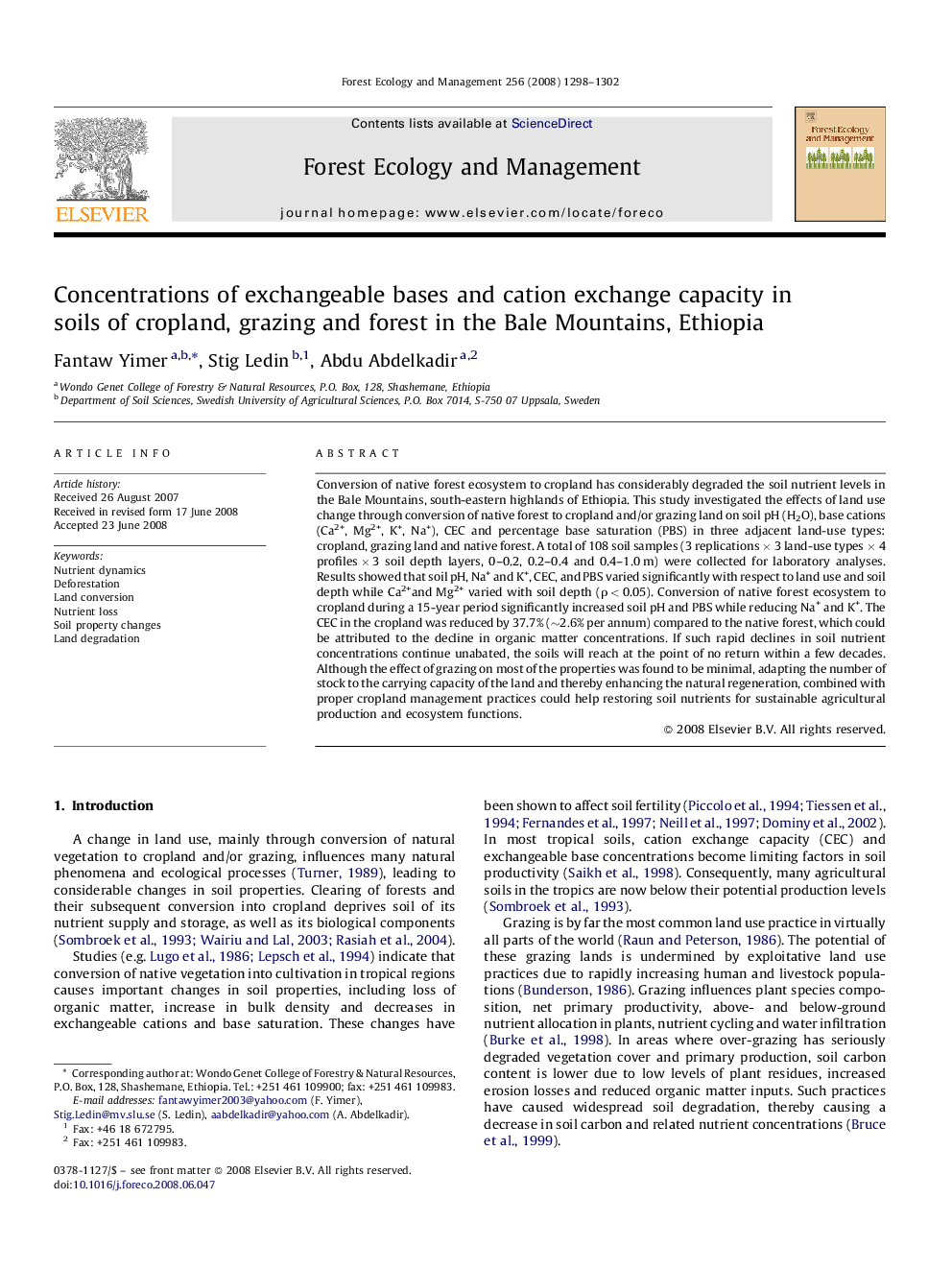 Concentrations of exchangeable bases and cation exchange capacity in soils of cropland, grazing and forest in the Bale Mountains, Ethiopia