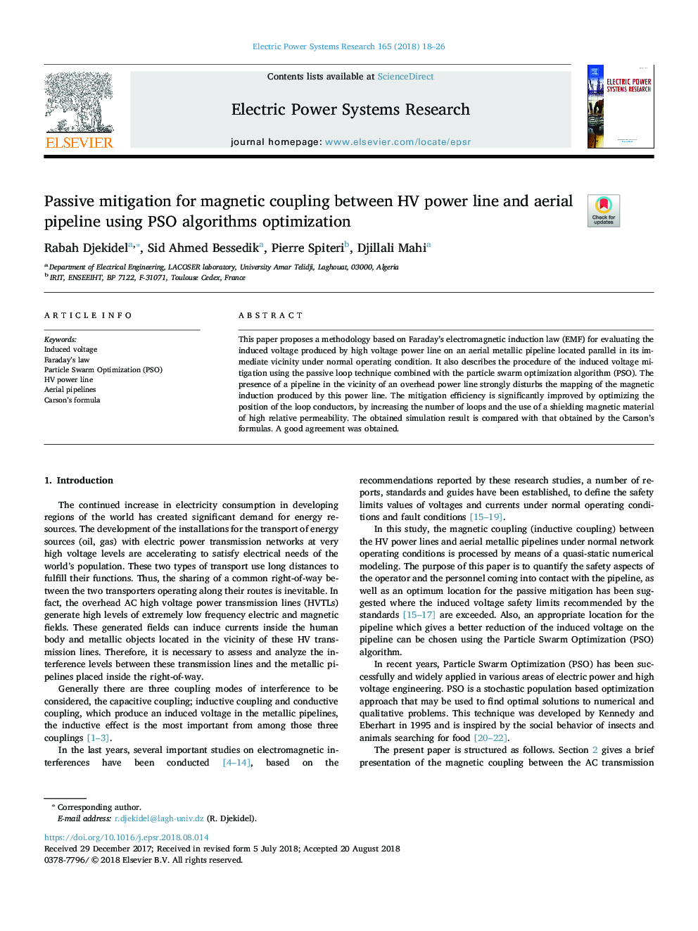 Passive mitigation for magnetic coupling between HV power line and aerial pipeline using PSO algorithms optimization