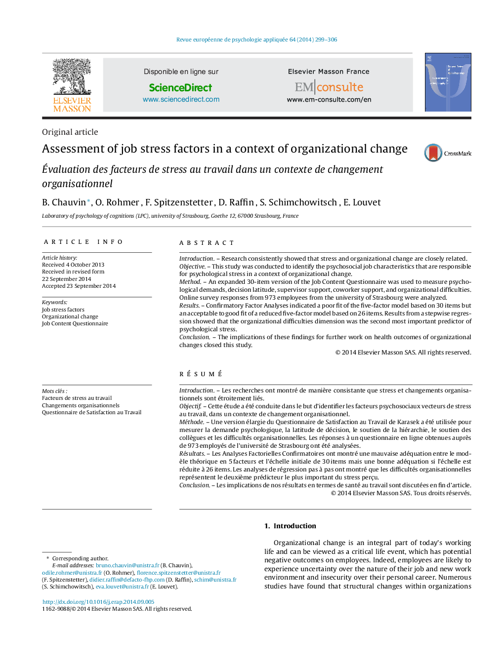 Assessment of job stress factors in a context of organizational change