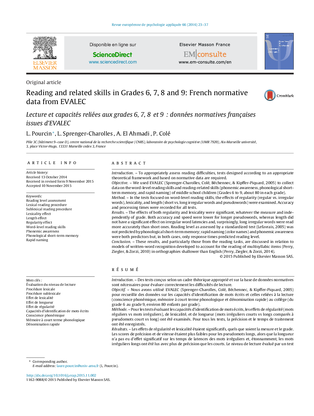 Reading and related skills in Grades 6, 7, 8 and 9: French normative data from EVALEC