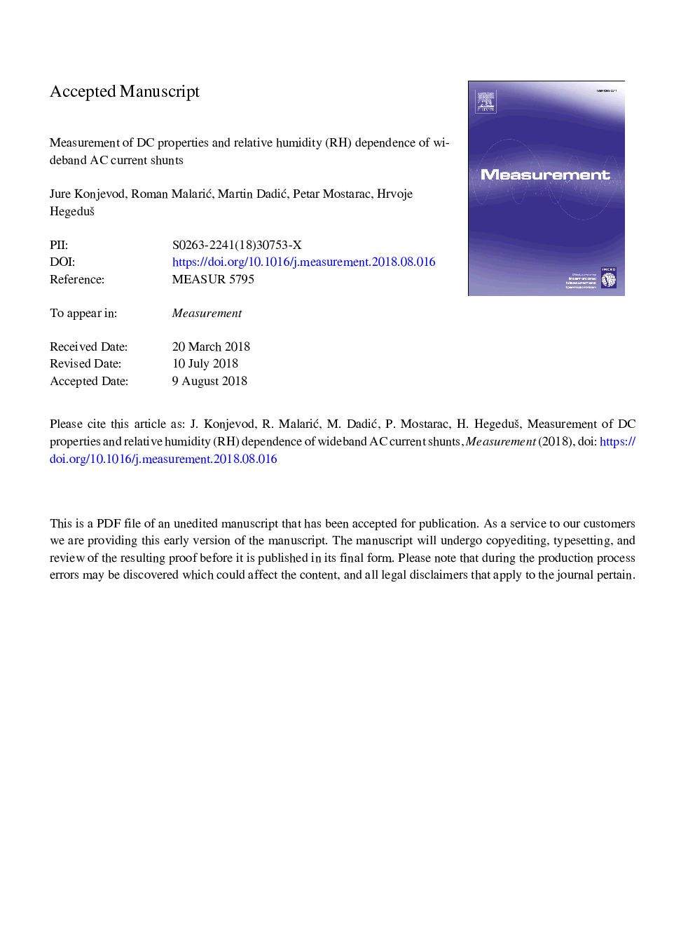 Measurement of DC properties and relative humidity (RH) dependence of wideband AC current shunts