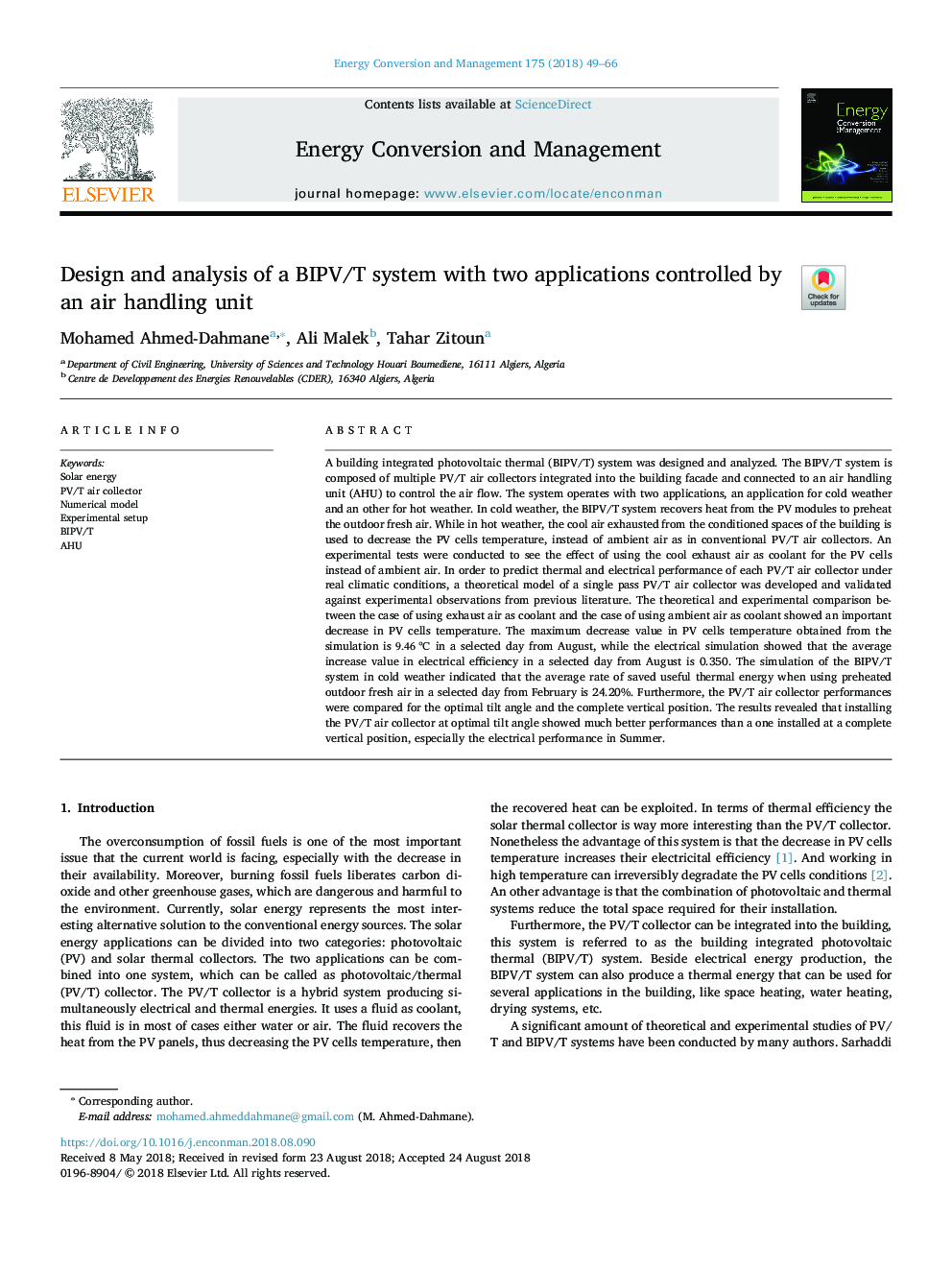 Design and analysis of a BIPV/T system with two applications controlled by an air handling unit