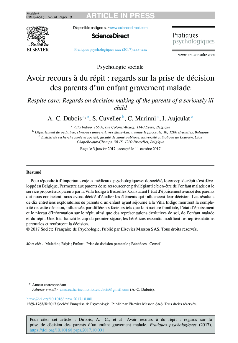 Avoir recours Ã  du répitÂ : regards sur la prise de décision des parents d'un enfant gravement malade