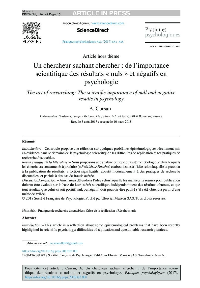 Un chercheur sachant chercherÂ : de l'importance scientifique des résultatsÂ Â«Â nulsÂ Â» et négatifs en psychologie