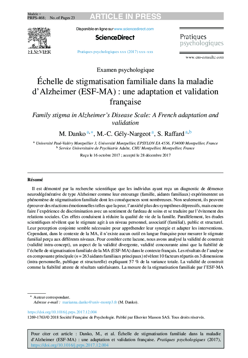 Ãchelle de stigmatisation familiale dans la maladie d'Alzheimer (ESF-MA)Â : une adaptation et validation française