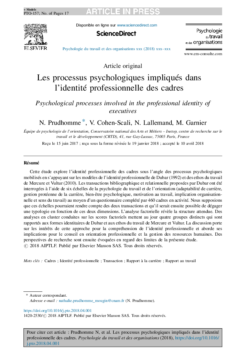 Les processus psychologiques impliqués dans l'identité professionnelle des cadres