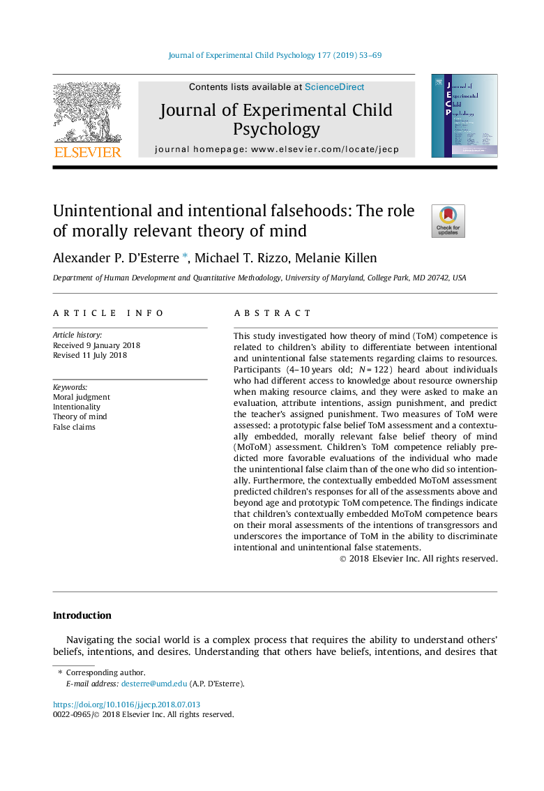 Unintentional and intentional falsehoods: The role of morally relevant theory of mind