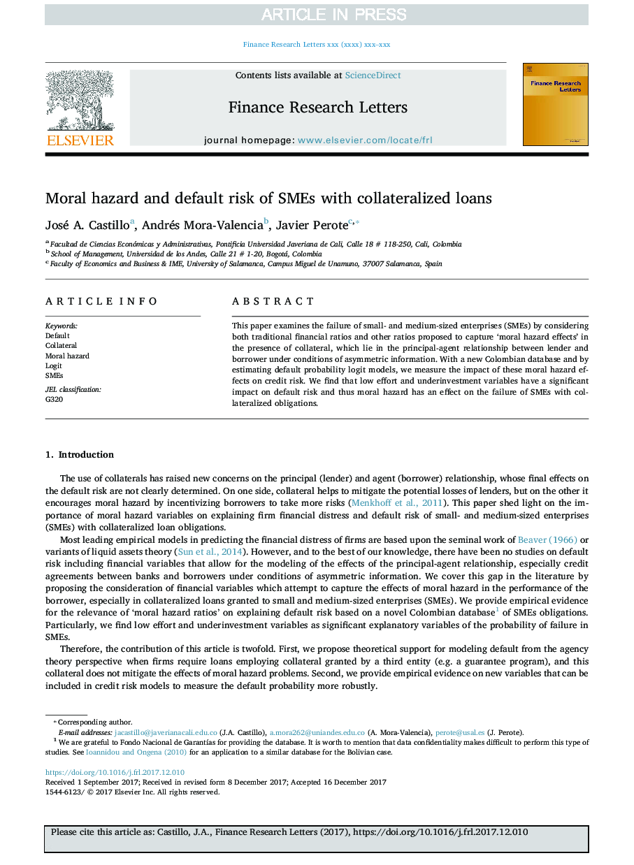 Moral hazard and default risk of SMEs with collateralized loans