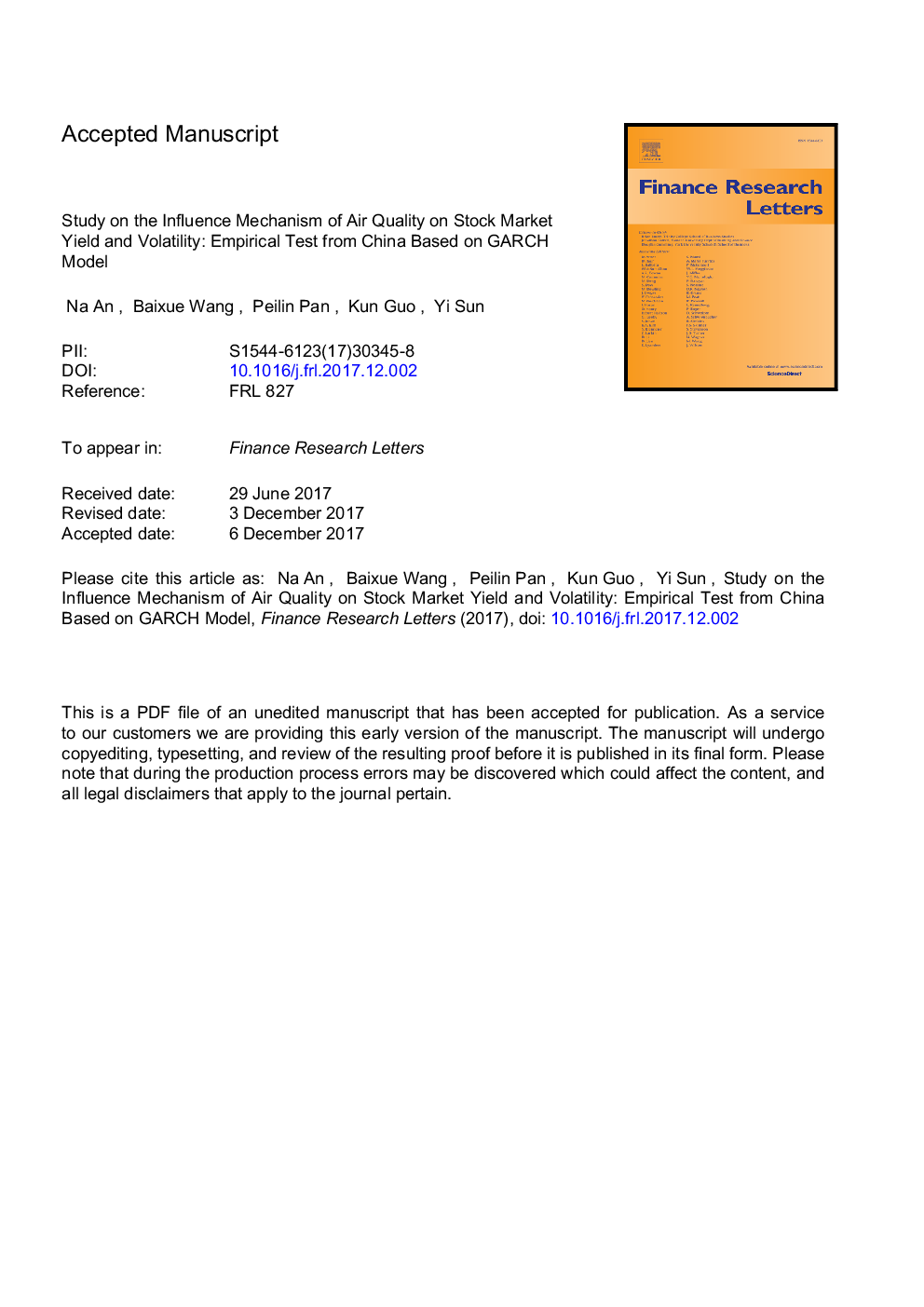 Study on the influence mechanism of air quality on stock market yield and Volatility: Empirical test from China based on GARCH model