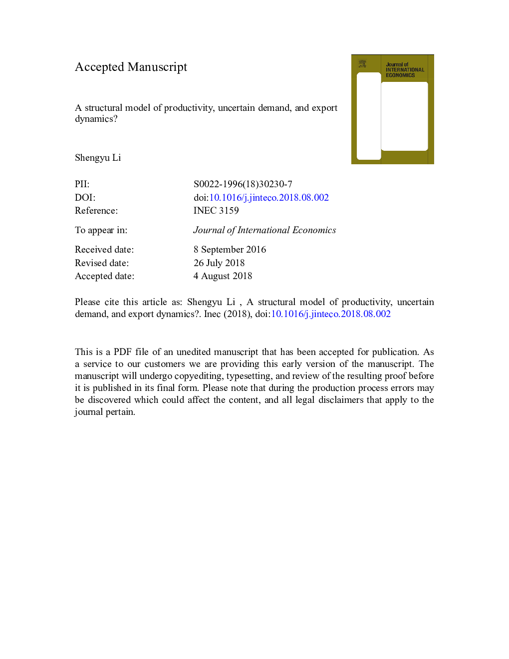 A structural model of productivity, uncertain demand, and export dynamics