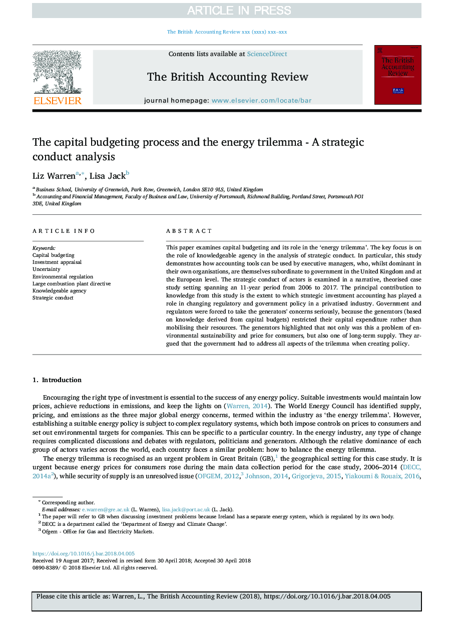 The capital budgeting process and the energy trilemma - A strategic conduct analysis