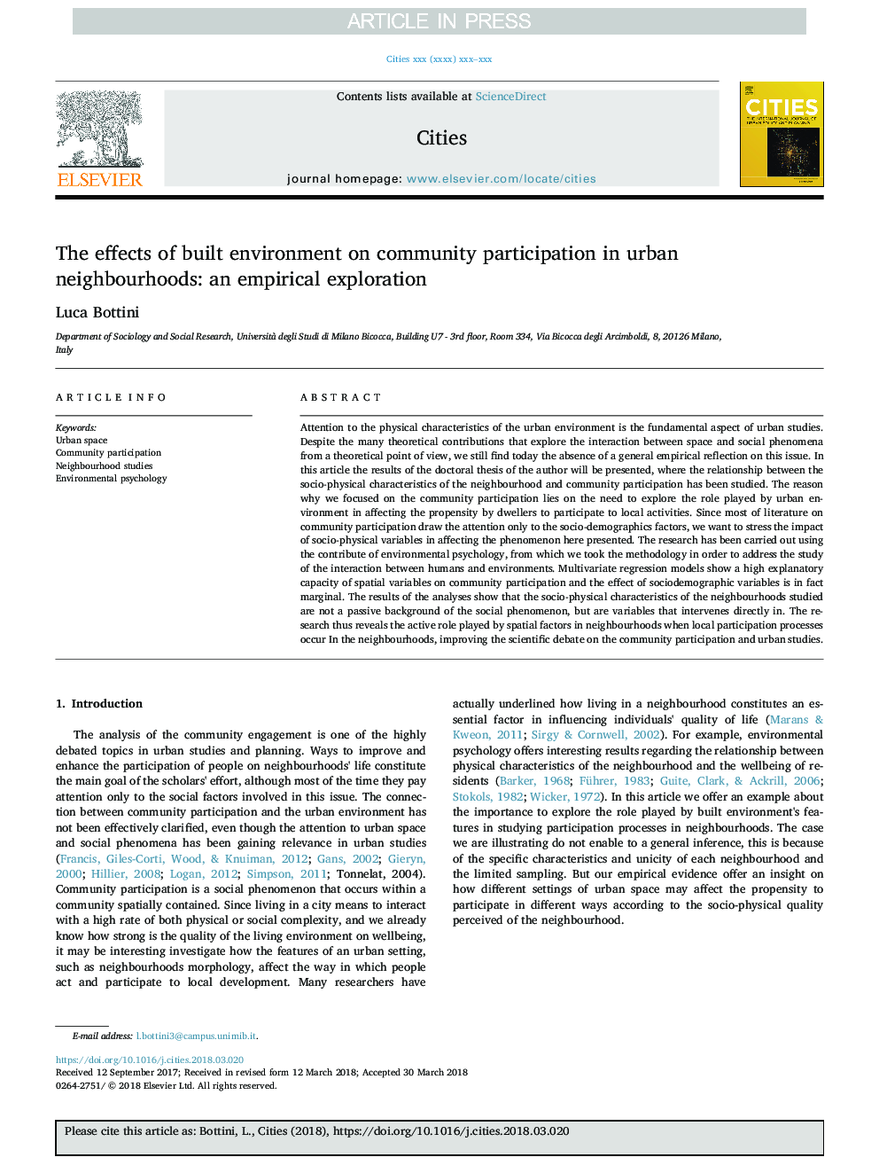 The effects of built environment on community participation in urban neighbourhoods: an empirical exploration