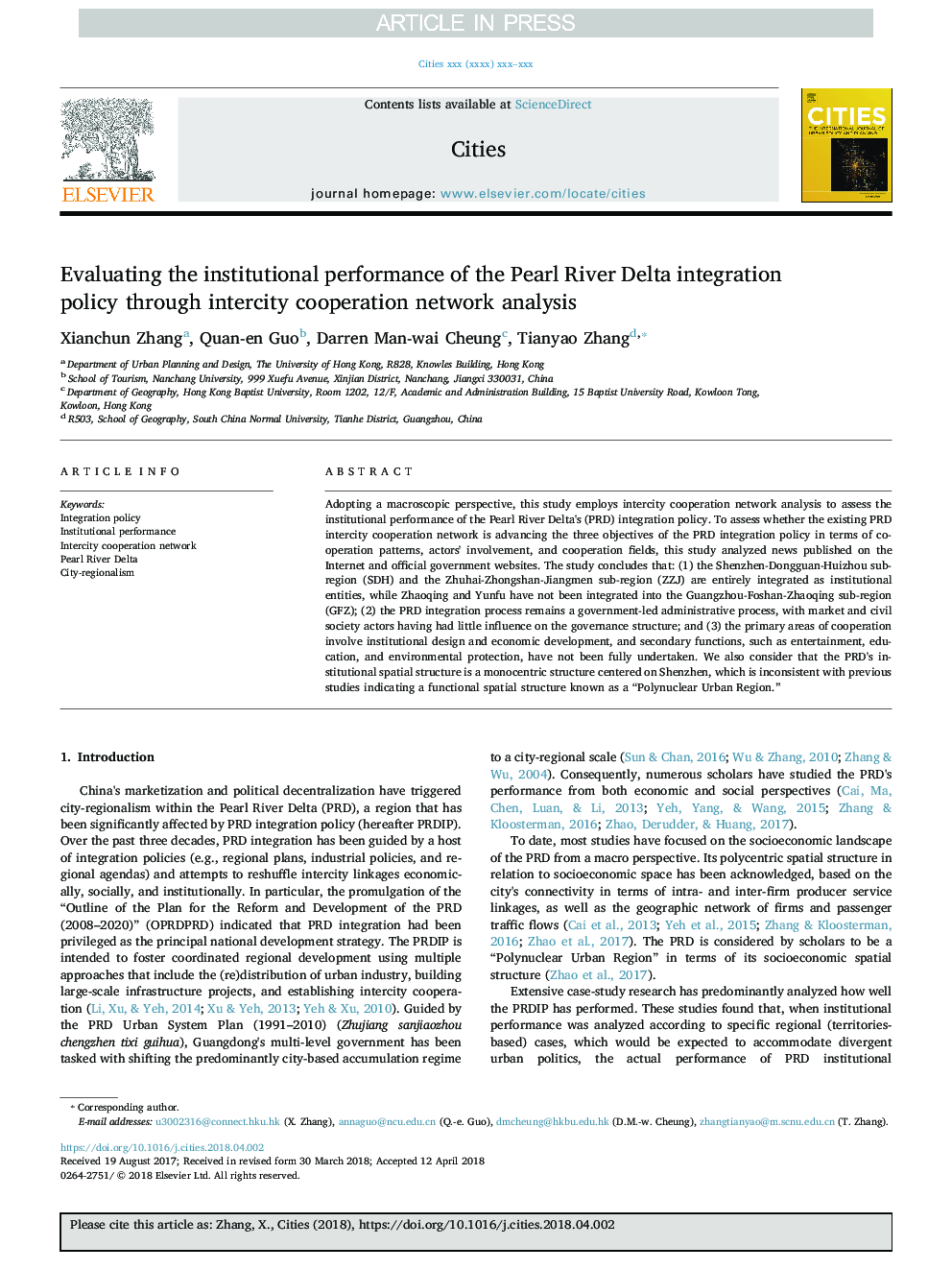 Evaluating the institutional performance of the Pearl River Delta integration policy through intercity cooperation network analysis