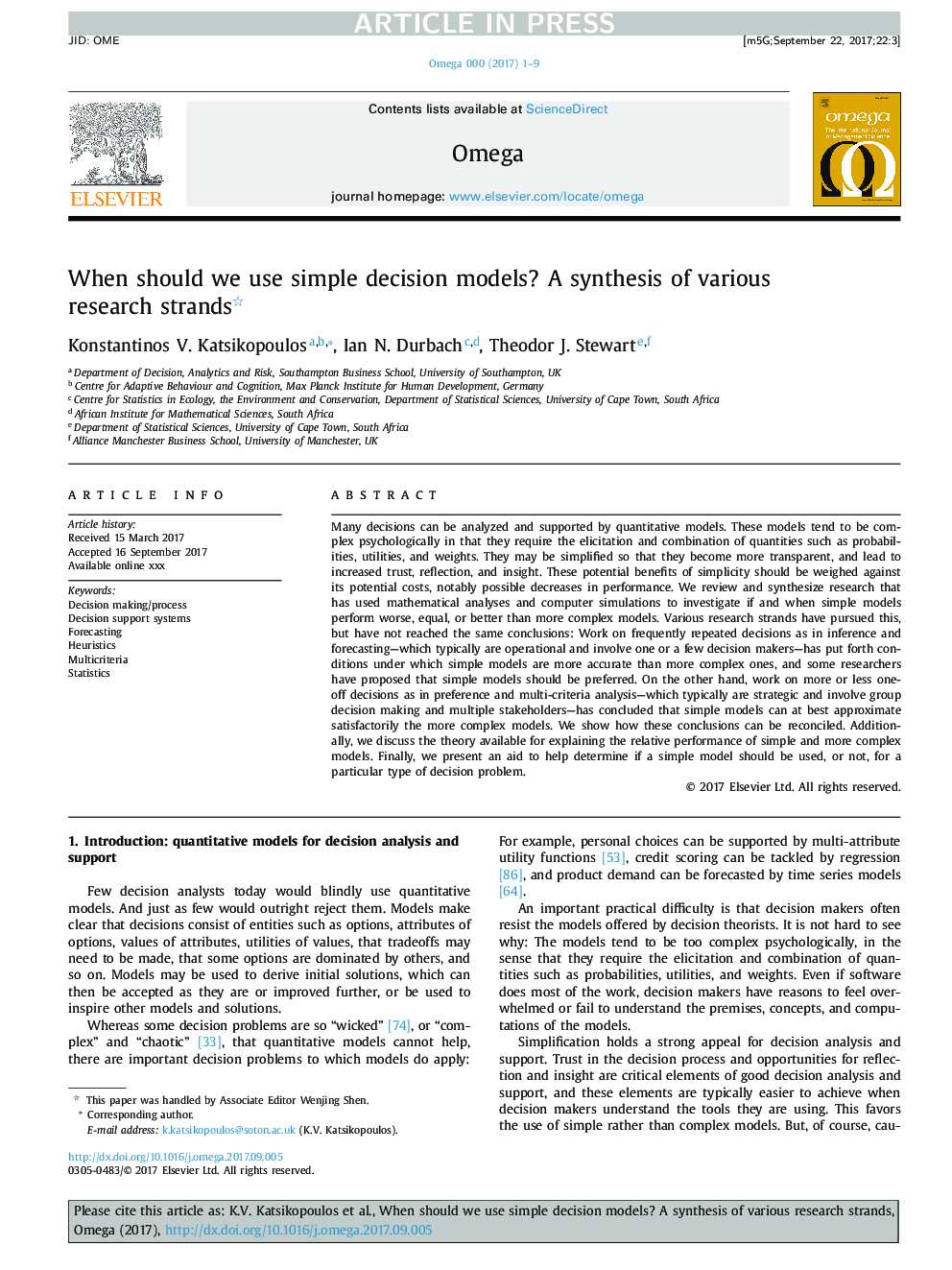 When should we use simple decision models? A synthesis of various research strands