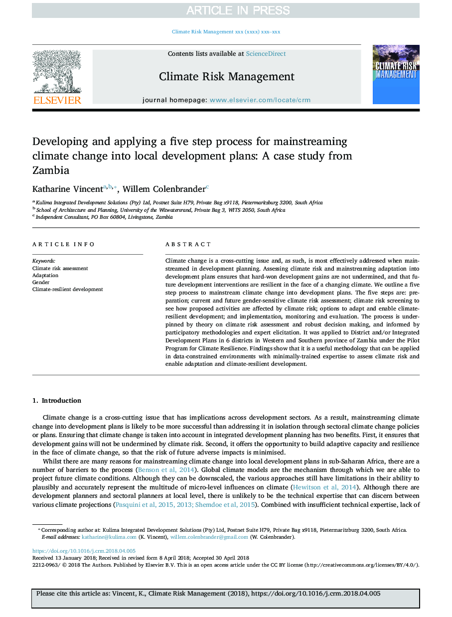 Developing and applying a five step process for mainstreaming climate change into local development plans: A case study from Zambia