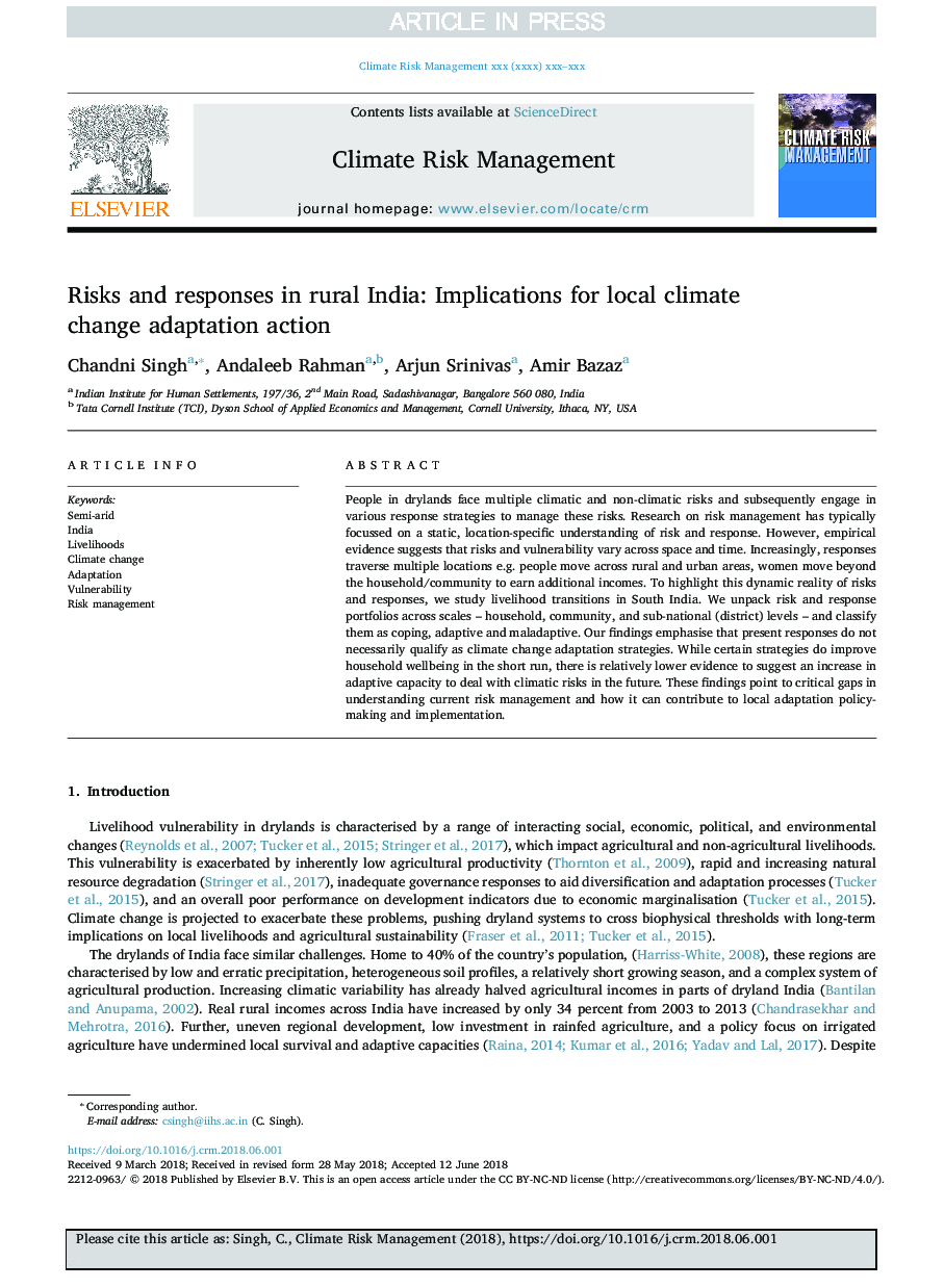 Risks and responses in rural India: Implications for local climate change adaptation action