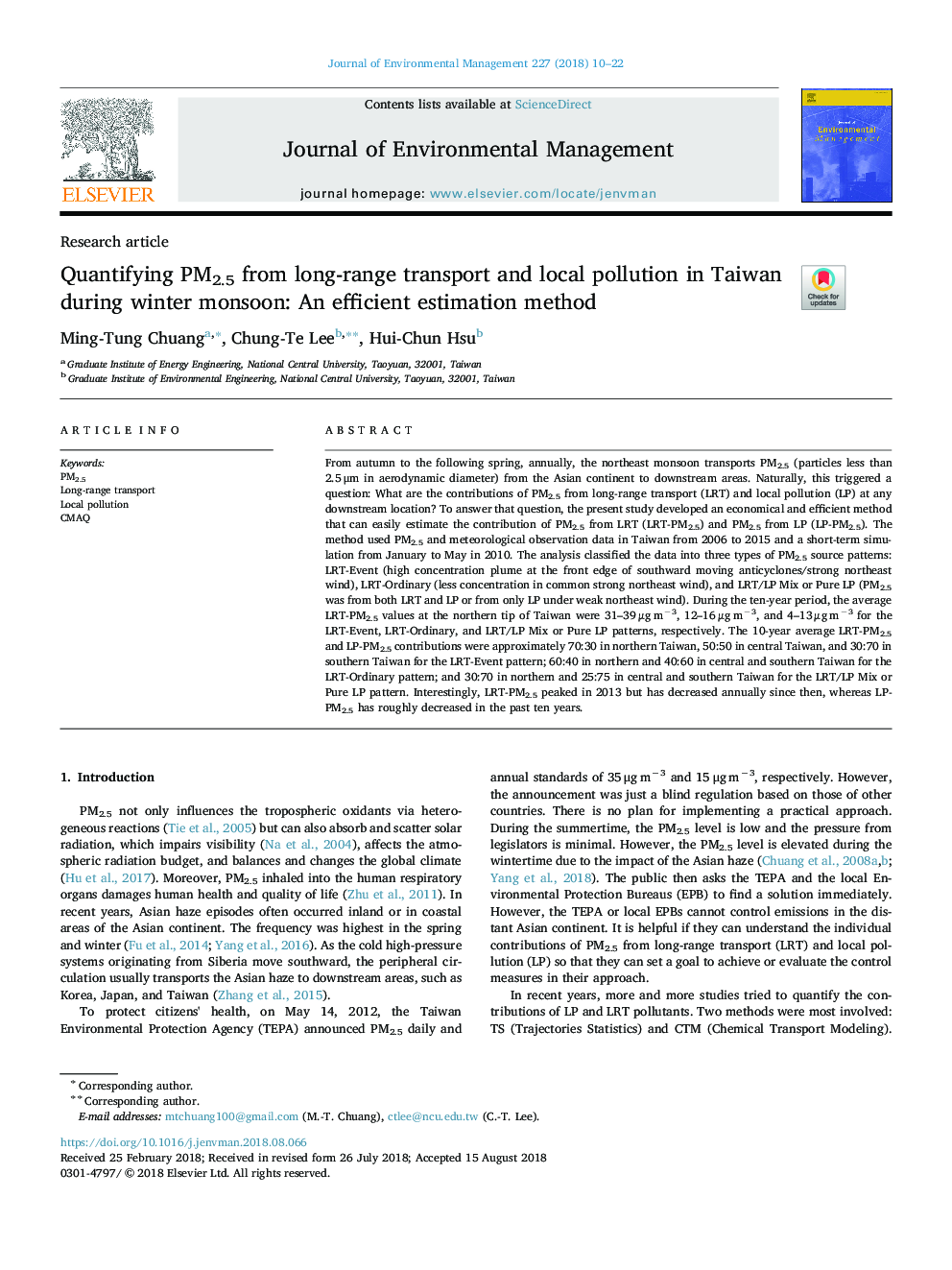 Quantifying PM2.5 from long-range transport and local pollution in Taiwan during winter monsoon: An efficient estimation method