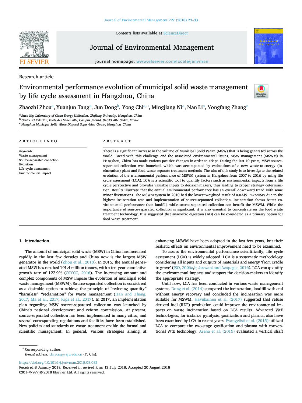 Environmental performance evolution of municipal solid waste management by life cycle assessment in Hangzhou, China