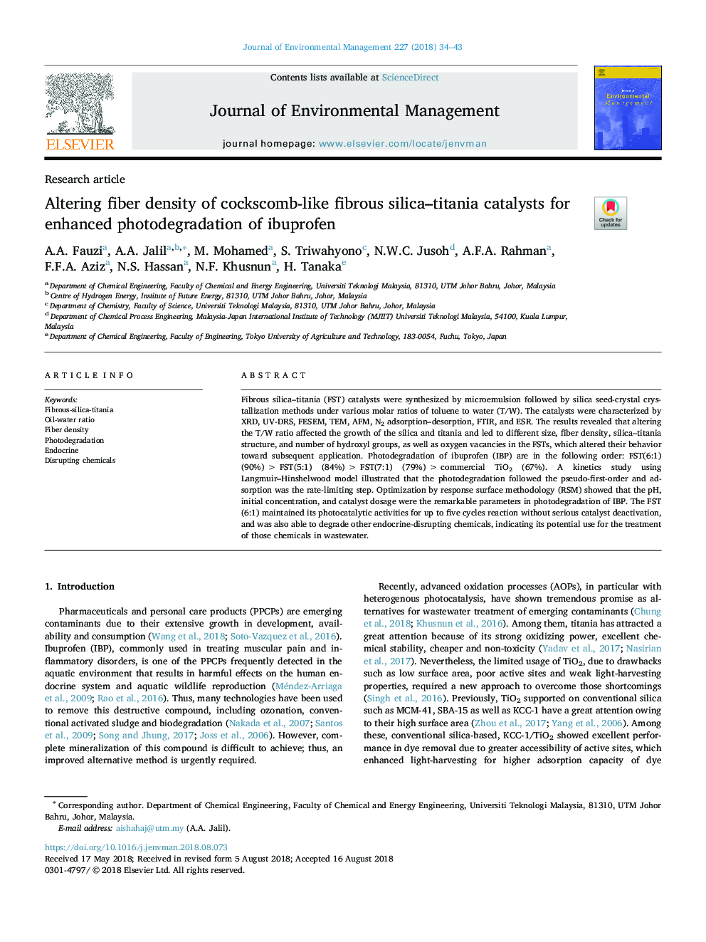 Altering fiber density of cockscomb-like fibrous silica-titania catalysts for enhanced photodegradation of ibuprofen