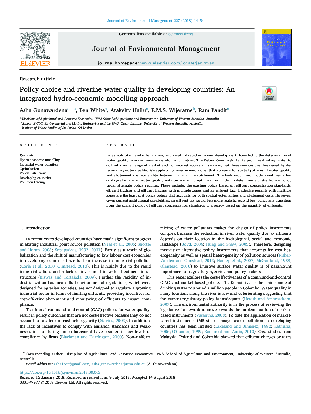 Policy choice and riverine water quality in developing countries: An integrated hydro-economic modelling approach