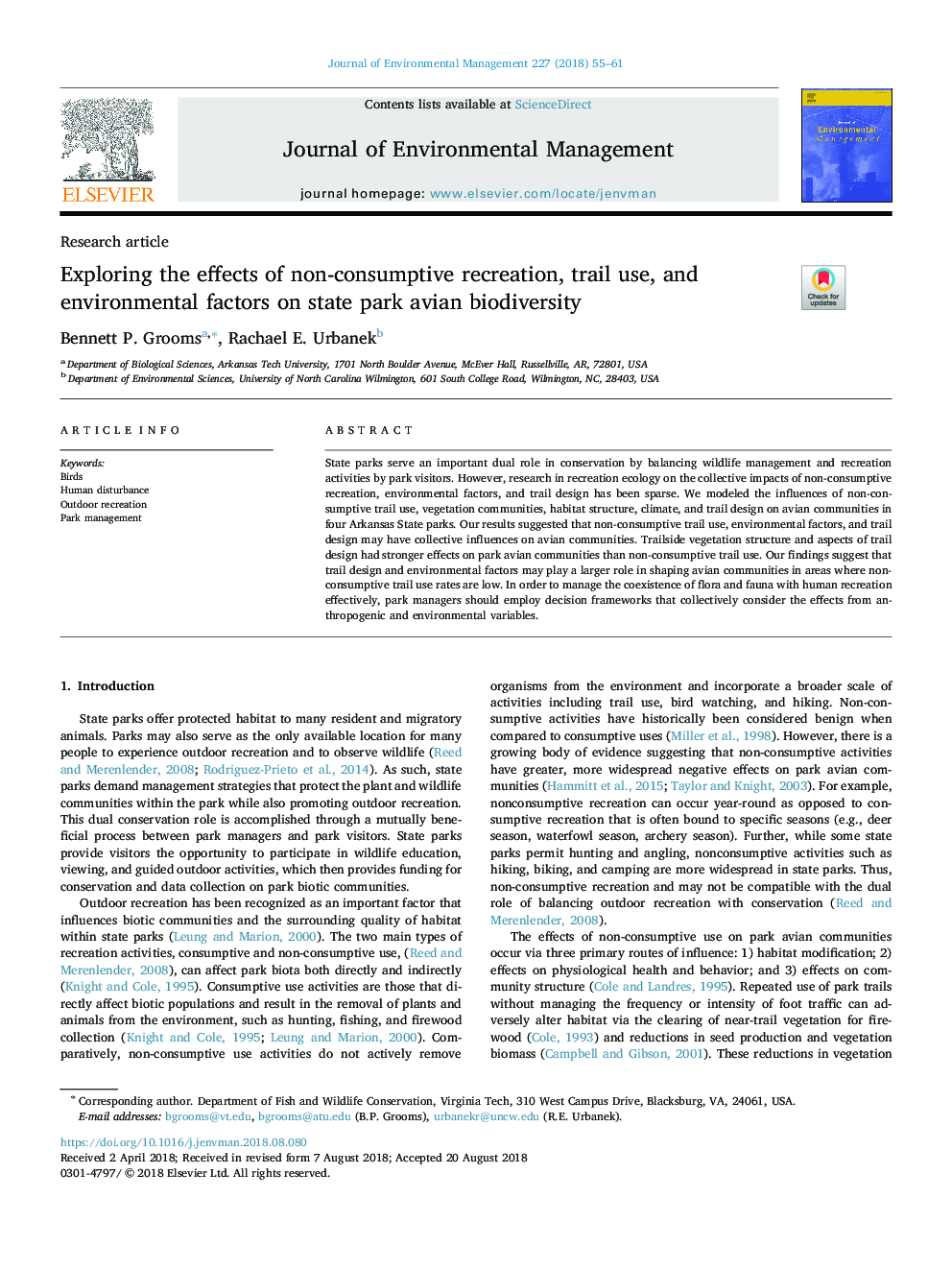 Exploring the effects of non-consumptive recreation, trail use, and environmental factors on state park avian biodiversity