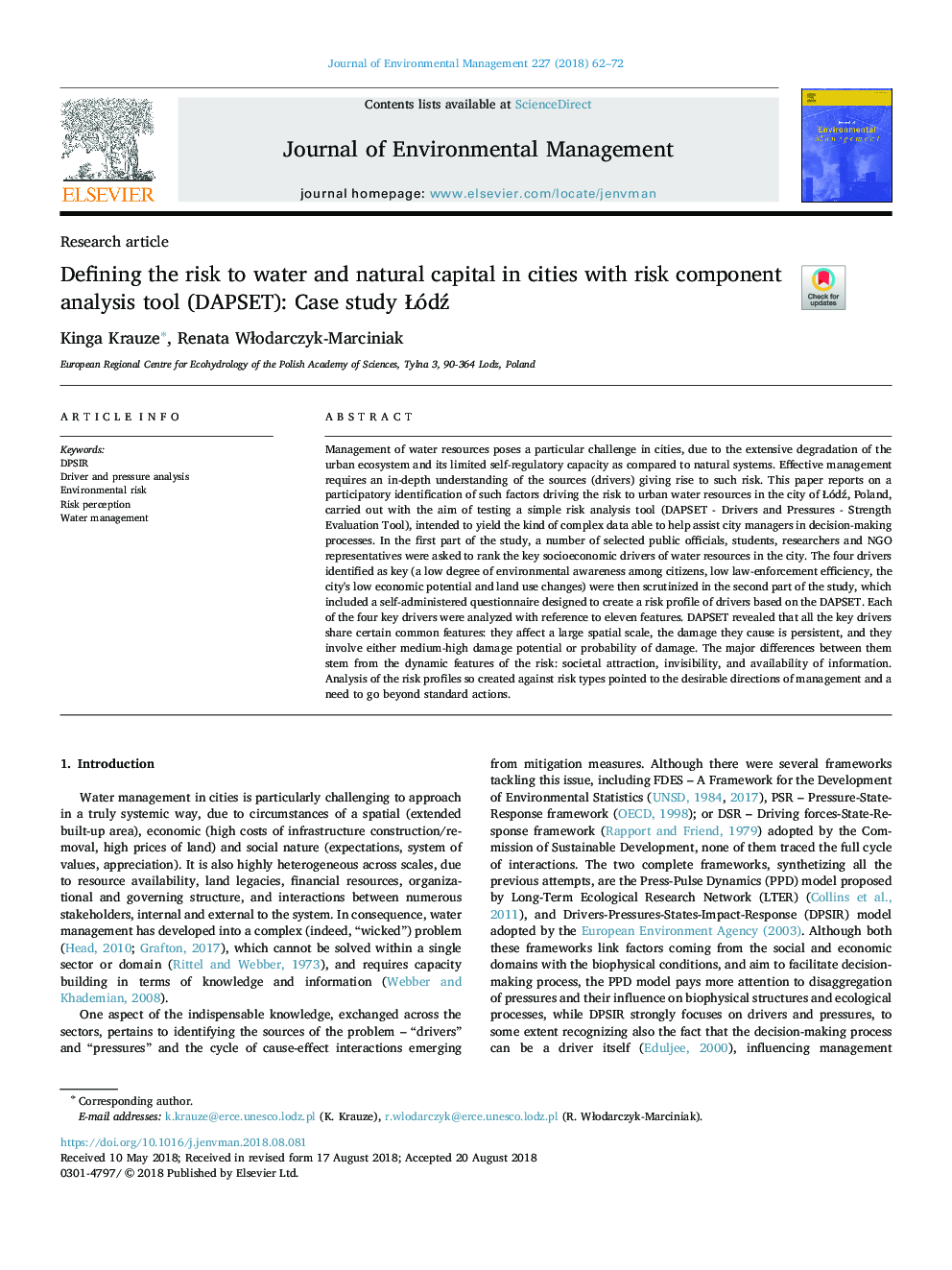 Defining the risk to water and natural capital in cities with risk component analysis tool (DAPSET): Case study ÅódÅº