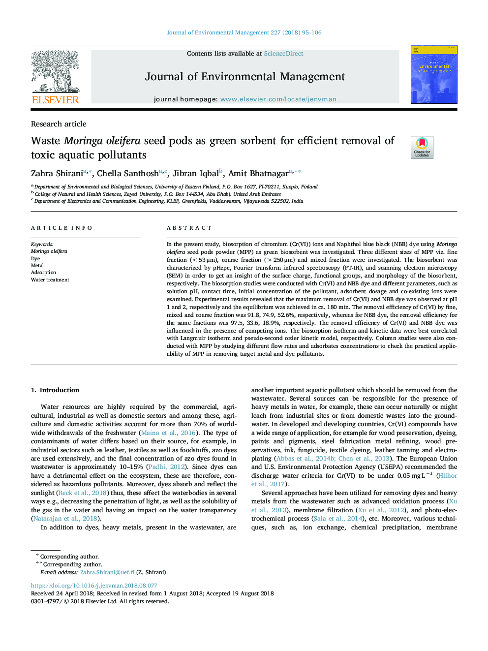 Waste Moringa oleifera seed pods as green sorbent for efficient removal of toxic aquatic pollutants