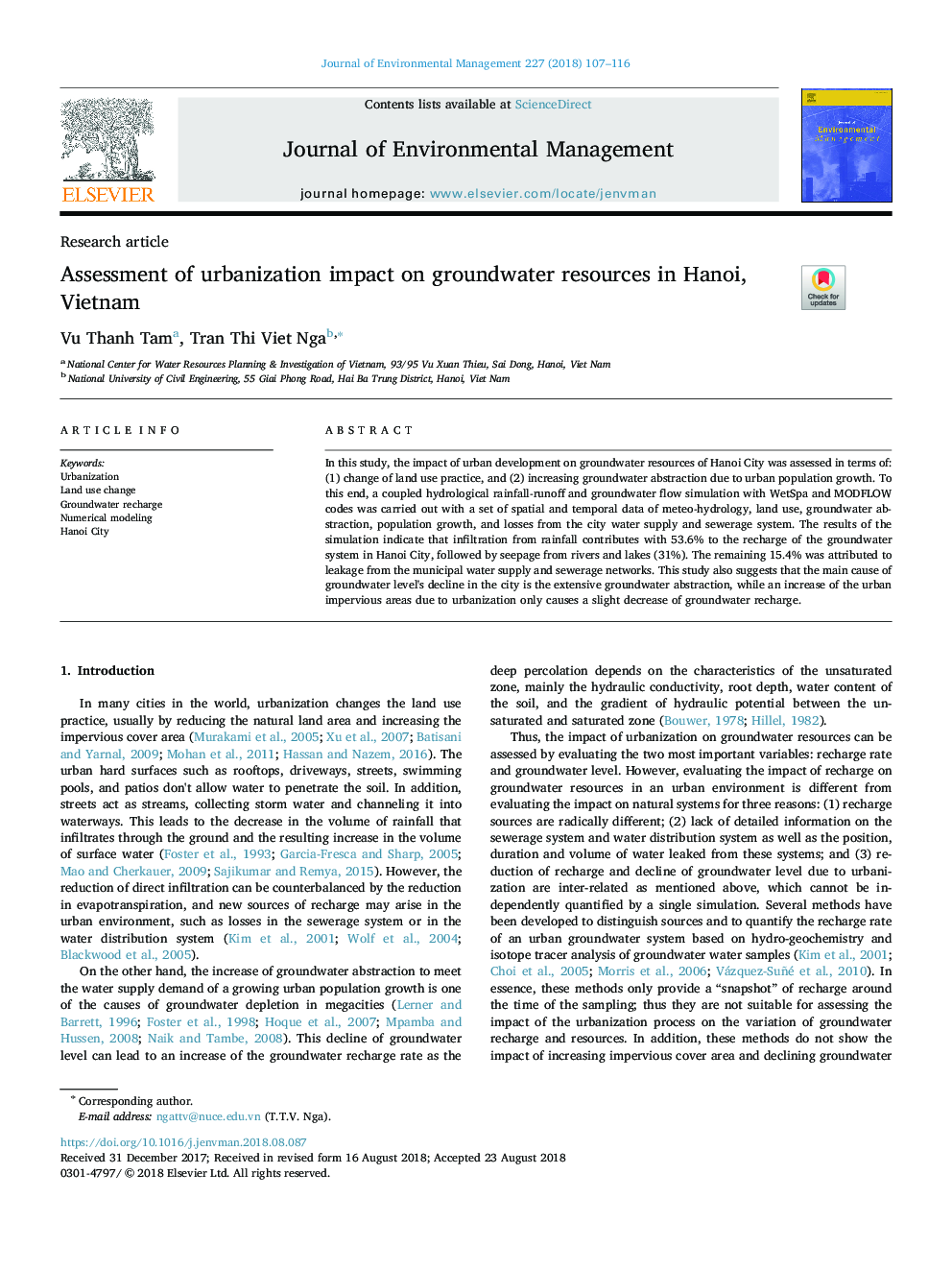 Assessment of urbanization impact on groundwater resources in Hanoi, Vietnam