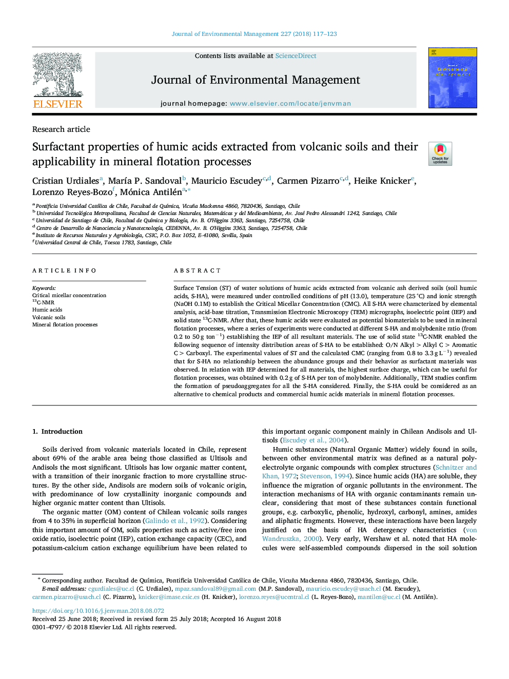 Surfactant properties of humic acids extracted from volcanic soils and their applicability in mineral flotation processes