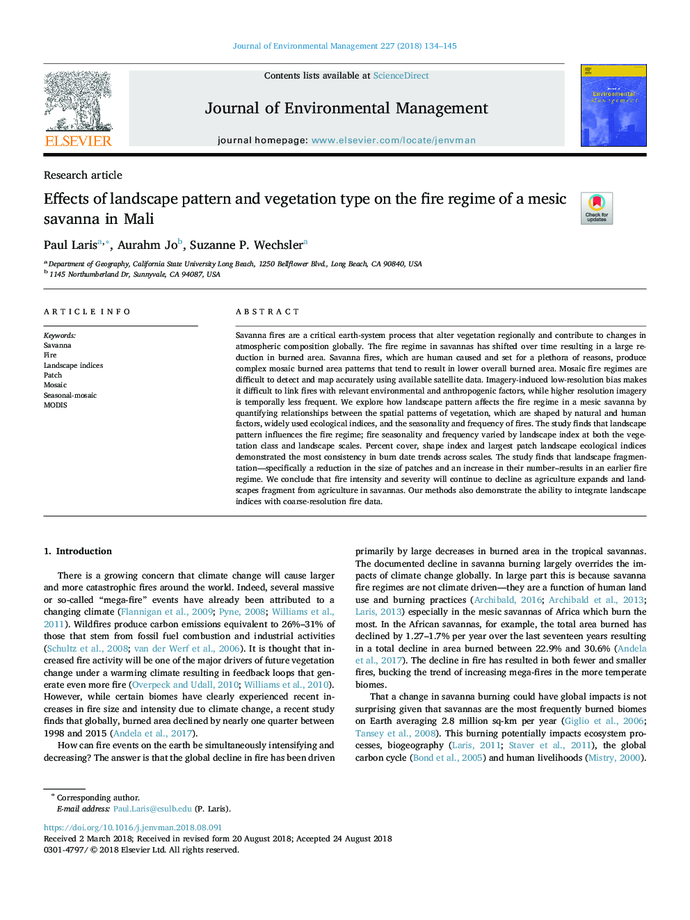 Effects of landscape pattern and vegetation type on the fire regime of a mesic savanna in Mali