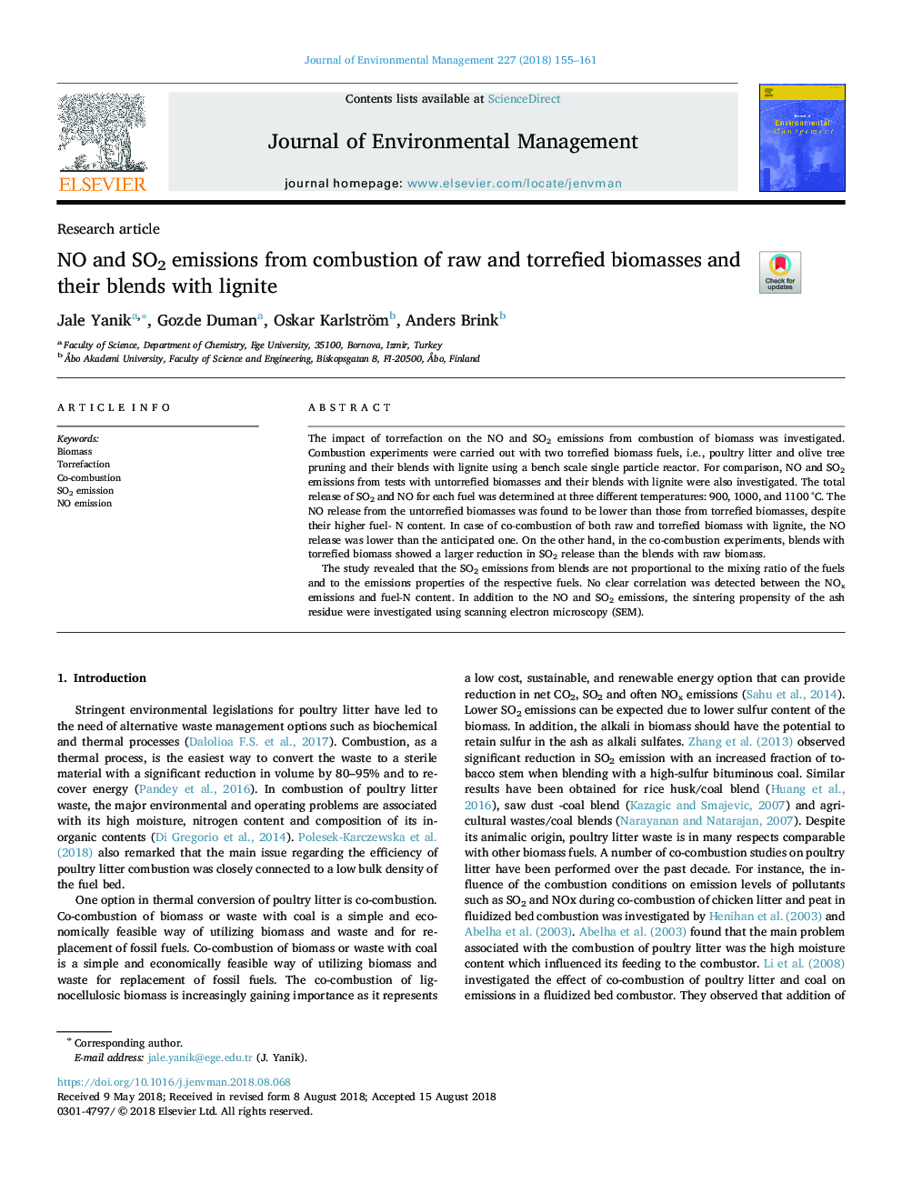 NO and SO2 emissions from combustion of raw and torrefied biomasses and their blends with lignite