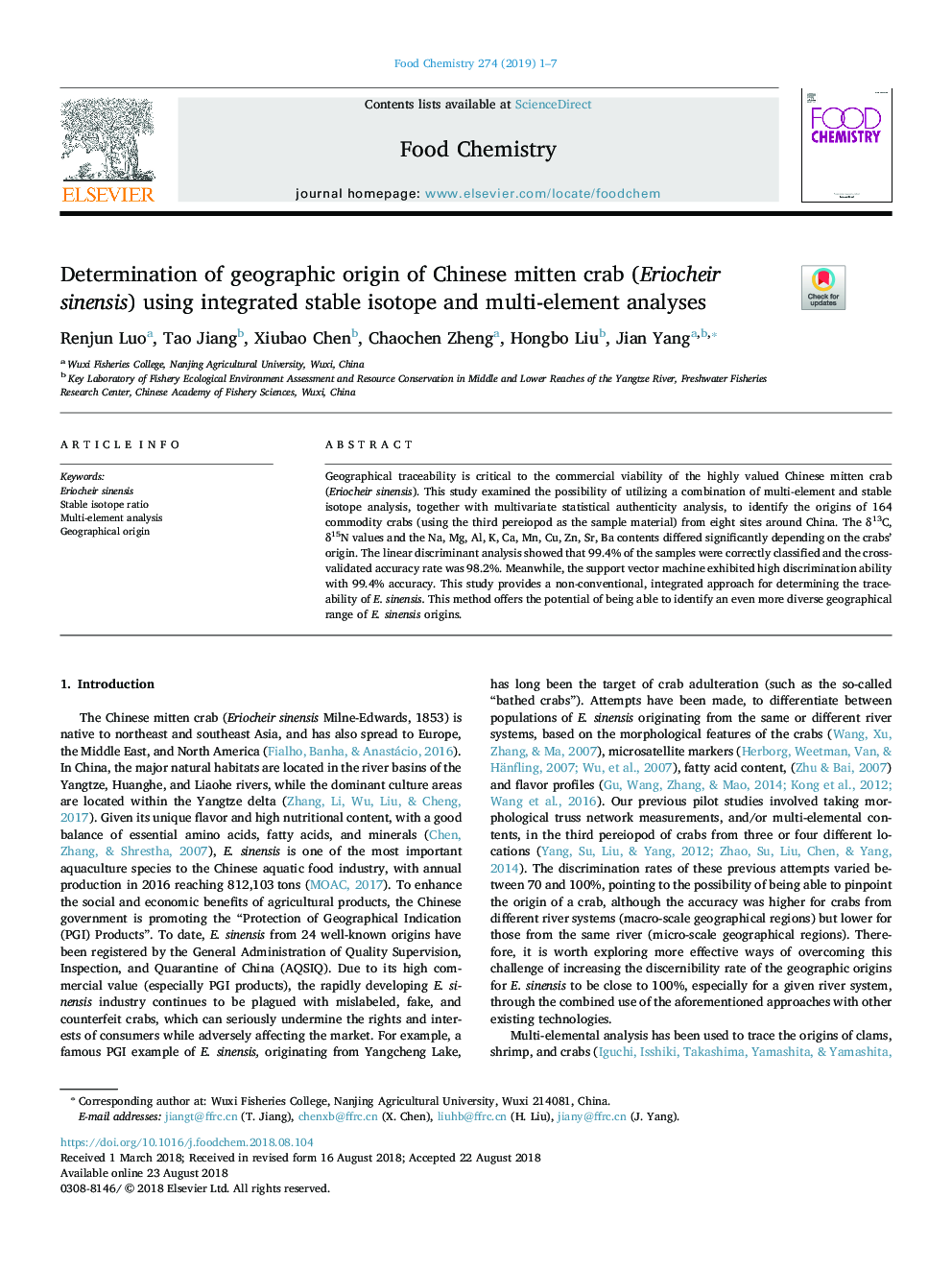 Determination of geographic origin of Chinese mitten crab (Eriocheir sinensis) using integrated stable isotope and multi-element analyses
