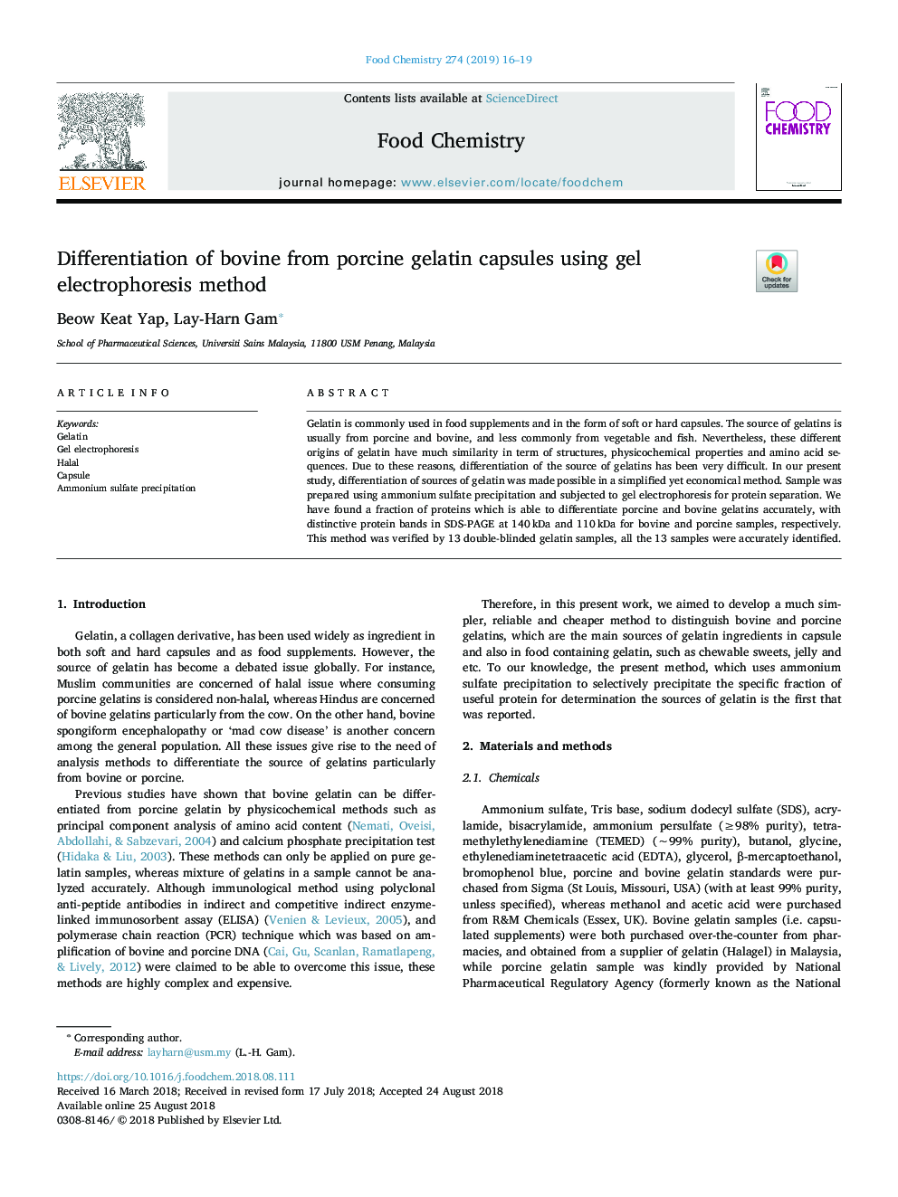 Differentiation of bovine from porcine gelatin capsules using gel electrophoresis method