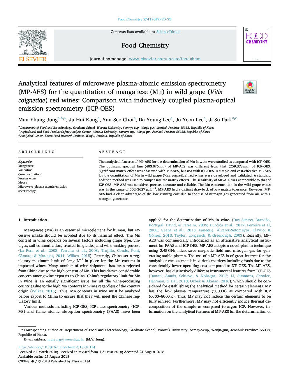 Analytical features of microwave plasma-atomic emission spectrometry (MP-AES) for the quantitation of manganese (Mn) in wild grape (Vitis coignetiae) red wines: Comparison with inductively coupled plasma-optical emission spectrometry (ICP-OES)