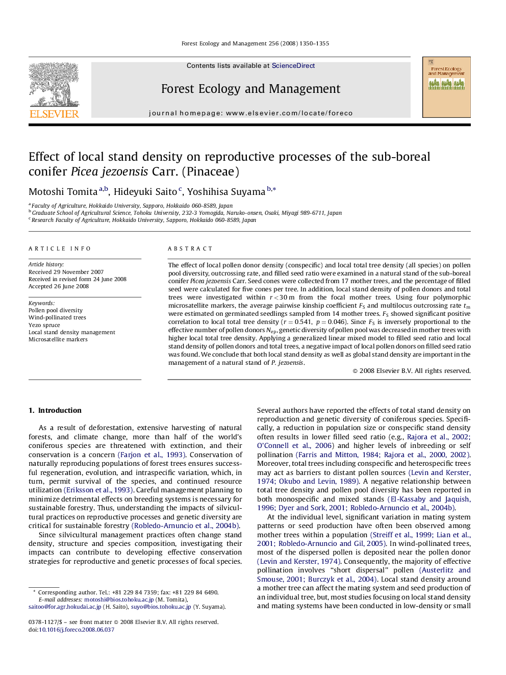 Effect of local stand density on reproductive processes of the sub-boreal conifer Picea jezoensis Carr. (Pinaceae)